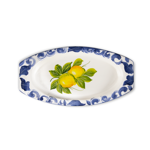 Appetiser tray with blue damask & lemons - edelweiss